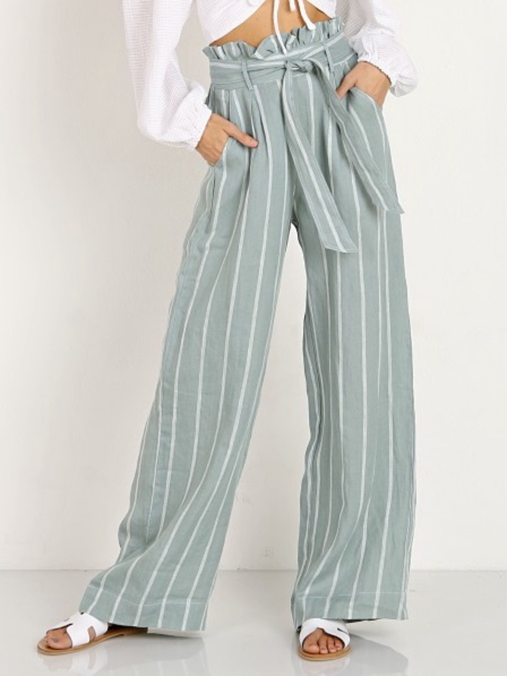 SUBOO 100% Linen Horizon Wide-Leg Pants with tie waist.
